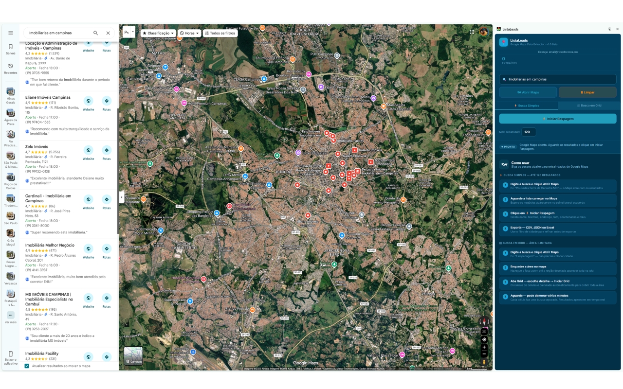 Exemplo real de busca em Grid do ListaLeads no Google Maps