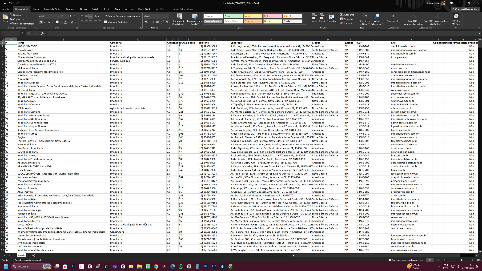 Planilha com leads exportados pelo ListaLeads