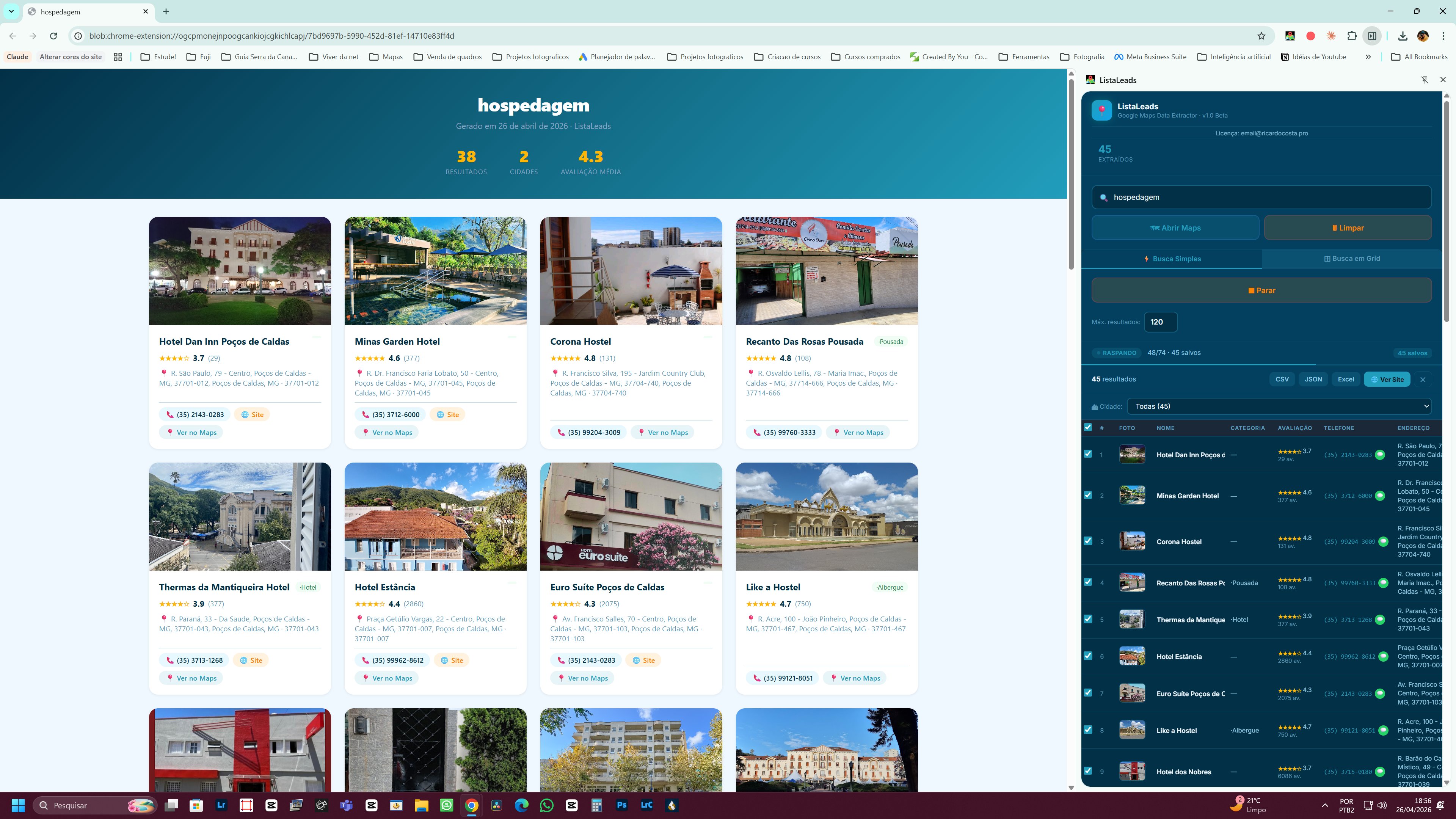Exemplo de relatório visual gerado pelo ListaLeads — busca por hospedagem em Poços de Caldas com fotos, avaliações e telefones
